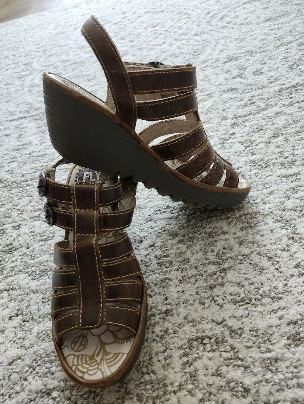 Fly London Women's Brown Leather Adjastable Wedge Sandals EU38 US7,5